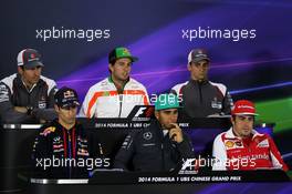 The FIA Press Conference (From back row (L to R)): Adrian Sutil (GER) Sauber; Sergio Perez (MEX) Sahara Force India F1; Esteban Gutierrez (MEX) Sauber; Daniel Ricciardo (AUS) Red Bull Racing; Lewis Hamilton (GBR) Mercedes AMG F1; Fernando Alonso (ESP) Ferrari.  17.04.2014. Formula 1 World Championship, Rd 4, Chinese Grand Prix, Shanghai, China, Preparation Day.
