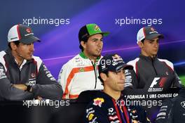 (L to R): Adrian Sutil (GER) Sauber with Sergio Perez (MEX) Sahara Force India F1 VJM07 and Esteban Gutierrez (MEX) Sauber in the FIA Press Conference. 17.04.2014. Formula 1 World Championship, Rd 4, Chinese Grand Prix, Shanghai, China, Preparation Day.