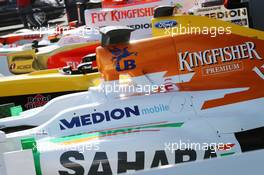A collection of old Sahara Force India F1 Team and Jordan cars. 04.07.2014. Formula 1 World Championship, Rd 9, British Grand Prix, Silverstone, England, Practice Day.