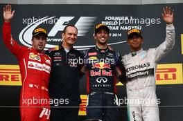 1st place Daniel Ricciardo (AUS) Red Bull Racing RB10, 2nd place Fernando Alonso (ESP) Ferrari and 3rd place Lewis Hamilton (GBR) Mercedes AMG F1. 27.07.2014. Formula 1 World Championship, Rd 11, Hungarian Grand Prix, Budapest, Hungary, Race Day.