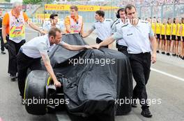 The McLaren MP4-29 of Kevin Magnussen (DEN) McLaren is recovered back to the pits after he crashed in qualifying. 26.07.2014. Formula 1 World Championship, Rd 11, Hungarian Grand Prix, Budapest, Hungary, Qualifying Day.
