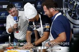 Casio Edifice Launch at RedBull Engery Station,Daniel Ricciardo (AUS) Red Bull Racing and Christian Horner (GBR) Red Bull Racing Team Principal. 04.09.2014. Formula 1 World Championship, Rd 13, Italian Grand Prix, Monza, Italy, Preparation Day.
