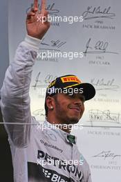 Race winner Lewis Hamilton (GBR) Mercedes AMG F1 celebrates on the podium. 05.10.2014. Formula 1 World Championship, Rd 15, Japanese Grand Prix, Suzuka, Japan, Race Day.