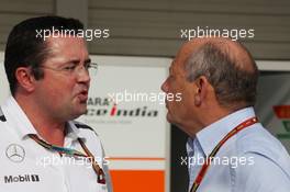 (L to R): Eric Boullier (FRA) McLaren Racing Director with Ron Dennis (GBR) McLaren Executive Chairman. 04.10.2014. Formula 1 World Championship, Rd 15, Japanese Grand Prix, Suzuka, Japan, Qualifying Day.