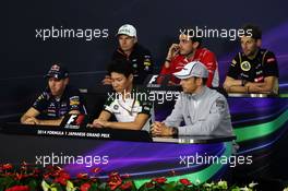 The FIA Press Conference (from back row (L to R)): Nico Hulkenberg (GER) Sahara Force India F1; Jules Bianchi (FRA) Marussia F1 Team; Romain Grosjean (FRA) Lotus F1 Team; Sebastian Vettel (GER) Red Bull Racing; Kamui Kobayashi (JPN) Caterham; Jenson Button (GBR) McLaren.  02.10.2014. Formula 1 World Championship, Rd 15, Japanese Grand Prix, Suzuka, Japan, Preparation Day.