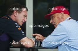 (L to R): Christian Horner (GBR) Red Bull Racing Team Principal with Niki Lauda (AUT) Mercedes Non-Executive Chairman. 29.03.2014. Formula 1 World Championship, Rd 2, Malaysian Grand Prix, Sepang, Malaysia, Saturday.