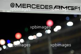 Mercedes AMG F1 pit stop Twitter handle in the pits. 19.09.2014. Formula 1 World Championship, Rd 14, Singapore Grand Prix, Singapore, Singapore, Practice Day.