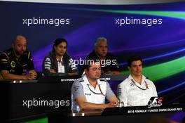 The FIA Press Conference (from back row (L to R): Gerard Lopez (FRA) Lotus F1 Team Principal; Monisha Kaltenborn (AUT) Sauber Team Principal; Dr. Vijay Mallya (IND) Sahara Force India F1 Team Owner; Eric Boullier (FRA) McLaren Racing Director; Toto Wolff (GER) Mercedes AMG F1 Shareholder and Executive Director. 31.10.2014. Formula 1 World Championship, Rd 17, United States Grand Prix, Austin, Texas, USA, Practice Day.