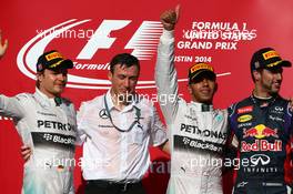 1st place for Lewis Hamilton (GBR) Mercedes AMG F1 W05, 2nd place for Nico Rosberg (GER) Mercedes AMG F1 W05 and 3rd for Daniel Ricciardo (AUS) Red Bull Racing RB10. 02.11.2014. Formula 1 World Championship, Rd 17, United States Grand Prix, Austin, Texas, USA, Race Day.