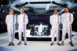 (L to R): Susie Wolff (GBR) Williams Development Driver; Valtteri Bottas (FIN) Williams; team mate Felipe Massa (BRA) Williams; and Felipe Nasr (BRA) Williams Test and Reserve Driver, with the new Martini liveried Williams FW36. 06.03.2014. Formula One Launch, Williams FW36 Official Unveiling, London, England.