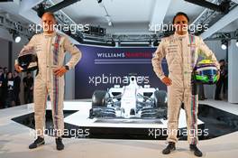 (L to R): Valtteri Bottas (FIN) Williams with team mate Felipe Massa (BRA) Williams and the new Martini liveried Williams FW36. 06.03.2014. Formula One Launch, Williams FW36 Official Unveiling, London, England.