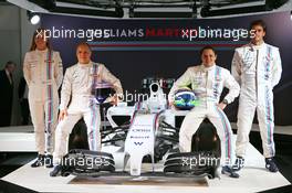 (L to R): Susie Wolff (GBR) Williams Development Driver; Valtteri Bottas (FIN) Williams; team mate Felipe Massa (BRA) Williams; Felipe Nasr (BRA) Williams Test and Reserve Driver, with the new Martini liveried Williams FW36. 06.03.2014. Formula One Launch, Williams FW36 Official Unveiling, London, England.