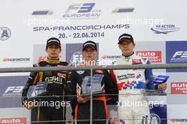 podium rookie championship, Esteban Ocon (FRA) Prema Powerteam Dallara F312 Mercedes, Max Verstappen (NED) VAN AMERSFOORT RACING Dallara F312 Volkswagen and Jake Dennis (GBR) CARLIN Dallara F312 Volkswagen 22.06.2014. FIA F3 European Championship 2014, Round 5, Race 3, Spa-Francorchamps