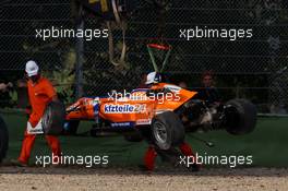 The car of Felix Rosenqvist (SWE) kfzteile24 Mücke Motorsport Dallara F312 – Mercedes after his crash 12.10.2014. FIA F3 European Championship 2014, Round 10, Race 3, Imola
