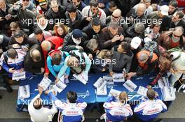Stephane Sarrazin (FRA), Kazuki Nakajima (JPN), Anthony Davidson (GBR) and Sebastien Buemi (SUI), sign autographs for the fans. 29.03.2014. FIA World Endurance Championship, 'Prologue' Official Test Days, Paul Ricard, France. Saturday.