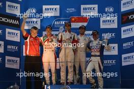 podium race 2, winner Mehdi Bennani (MAR) Honda Civic WTCC, Proteam Racing, 2nd Tiago Monteiro (POR) Honda Civic WTCC, Team Castrol Honda WTCC, 3rd Jose Maria Lopez (ARG) Citroen C-Elysee WTCC, Citroen Total WTCC 12.10.2014. World Touring Car Championship, Rounds 20 and 21, Shanghai, China.