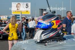 helmet of Mattias Ekström (SWE) Audi Sport Team Abt Sportsline Audi RS 5 DTM; grid girl;  11.07.2015, DTM Round 4, Zandvoort, Netherlands, Race 1, Saturday.