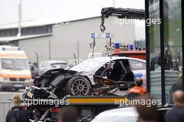 The car of Lucas Auer (AUT) ART Grand Prix Mercedes-AMG C63 DTM after the crash 13.09.2015, DTM Round 7, Motorsport Arena, Oschersleben, Germany, Race 2, Sunday.