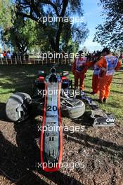 The damaged McLaren MP4-30 of Kevin Magnussen (DEN) McLaren after he crashed in the second practice session. 13.03.2015. Formula 1 World Championship, Rd 1, Australian Grand Prix, Albert Park, Melbourne, Australia, Practice Day.