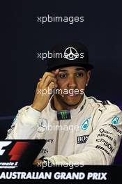 Lewis Hamilton (GBR) Mercedes AMG F1 in the FIA Press Conference. 15.03.2015. Formula 1 World Championship, Rd 1, Australian Grand Prix, Albert Park, Melbourne, Australia, Race Day.