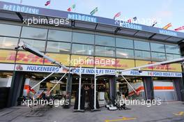 Sahara Force India F1 Team pit garages. 12.03.2015. Formula 1 World Championship, Rd 1, Australian Grand Prix, Albert Park, Melbourne, Australia, Preparation Day.