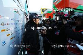 Sergio Perez (MEX) Sahara Force India F1 with the media. 20.02.2015. Formula One Testing, Day Two, Barcelona, Spain.