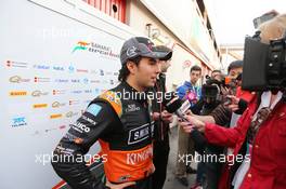 Sergio Perez (MEX) Sahara Force India F1 with the media. 01.03.2015. Formula One Testing, Day Four, Barcelona, Spain.