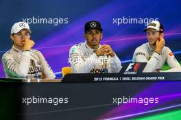 The post race FIA Press Conference (L to R): Nico Rosberg (GER) Mercedes AMG F1, second; Lewis Hamilton (GBR) Mercedes AMG F1, race winner; Romain Grosjean (FRA) Lotus F1 Team, third. 23.08.2015. Formula 1 World Championship, Rd 13, Belgian Grand Prix, Spa Francorchamps, Belgium, Race Day.