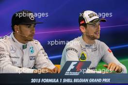(L to R): Lewis Hamilton (GBR) Mercedes AMG F1 and Romain Grosjean (FRA) Lotus F1 Team in the FIA Press Conference. 23.08.2015. Formula 1 World Championship, Rd 13, Belgian Grand Prix, Spa Francorchamps, Belgium, Race Day.