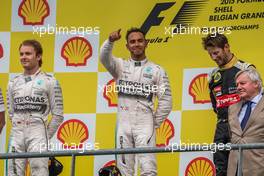 The podium (L to R): Nico Rosberg (GER) Mercedes AMG F1, second; Lewis Hamilton (GBR) Mercedes AMG F1, race winner; Romain Grosjean (FRA) Lotus F1 Team, third. 23.08.2015. Formula 1 World Championship, Rd 13, Belgian Grand Prix, Spa Francorchamps, Belgium, Race Day.
