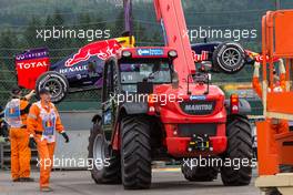 The Red Bull Racing RB11 of race retiree Daniel Ricciardo (AUS) Red Bull Racing is recovered. 23.08.2015. Formula 1 World Championship, Rd 13, Belgian Grand Prix, Spa Francorchamps, Belgium, Race Day.