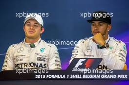 (L to R): Nico Rosberg (GER) Mercedes AMG F1 with team mate Lewis Hamilton (GBR) Mercedes AMG F1 in the FIA Press Conference. 22.08.2015. Formula 1 World Championship, Rd 11, Belgian Grand Prix, Spa Francorchamps, Belgium, Qualifying Day.