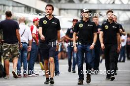 (L to R): Jolyon Palmer (GBR) Lotus F1 Team Test and Reserve Driver with Pastor Maldonado (VEN) Lotus F1 Team and Romain Grosjean (FRA) Lotus F1 Team. 13.11.2015. Formula 1 World Championship, Rd 18, Brazilian Grand Prix, Sao Paulo, Brazil, Practice Day.