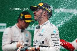 Lewis Hamilton (GBR) Mercedes AMG F1 celebrates his second position on the podium. 15.11.2015. Formula 1 World Championship, Rd 18, Brazilian Grand Prix, Sao Paulo, Brazil, Race Day.
