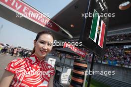 Grid girl for Sergio Perez (MEX) Sahara Force India F1. 12.04.2015. Formula 1 World Championship, Rd 3, Chinese Grand Prix, Shanghai, China, Race Day.
