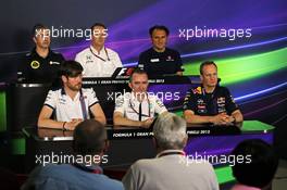 The FIA Press Conference (From back row (L to R)): Nick Chester (GBR) Lotus F1 Team Technical Director; Jonathan Neale (GBR) McLaren Chief Operating Officer; Giampaolo Dall'Ara (ITA) Sauber F1 Team Head of Track Engineering; Rob Smedley (GBR) Williams Head of Vehicle Performance; Paddy Lowe (GBR) Mercedes AMG F1 Executive Director (Technical); Paul Monaghan (GBR) Red Bull Racing Chief Engineer. 08.05.2015. Formula 1 World Championship, Rd 5, Spanish Grand Prix, Barcelona, Spain, Practice Day.