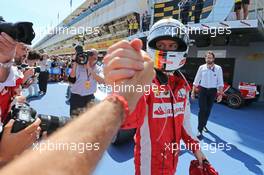 Sebastian Vettel (GER) Ferrari celebrates his third position in parc ferme. 10.05.2015. Formula 1 World Championship, Rd 5, Spanish Grand Prix, Barcelona, Spain, Race Day.