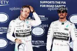 (L to R): Pole sitter Nico Rosberg (GER) Mercedes AMG F1 with third placed team mate Lewis Hamilton (GBR) Mercedes AMG F1 in parc ferme. 09.05.2015. Formula 1 World Championship, Rd 5, Spanish Grand Prix, Barcelona, Spain, Qualifying Day.