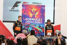 (L to R): Nico Hulkenberg (GER) Sahara Force India F1 and team mate Sergio Perez (MEX) Sahara Force India F1 at a press conference. 22.01.2015. Autodromo Hermanos Rodriguez Circuit Visit, Mexico City, Mexico. Thursday 22nd January 2015.