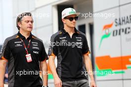 Nico Hulkenberg (GER) Sahara Force India F1 (Right) with Andy Stevenson (GBR) Sahara Force India F1 Team Manager. 03.07.2015. Formula 1 World Championship, Rd 9, British Grand Prix, Silverstone, England, Practice Day.