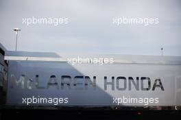 McLaren Honda truck in the paddock. 03.07.2015. Formula 1 World Championship, Rd 9, British Grand Prix, Silverstone, England, Practice Day.