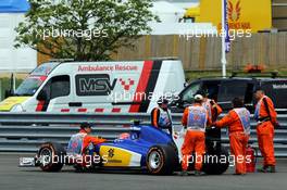 Felipe Nasr (BRA) Sauber C34 is pushed to safety after stopping on the way to the grid. 05.07.2015. Formula 1 World Championship, Rd 9, British Grand Prix, Silverstone, England, Race Day.