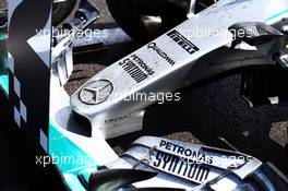 The nosecone of Nico Rosberg (GER) Mercedes AMG F1 in parc ferme. 05.07.2015. Formula 1 World Championship, Rd 9, British Grand Prix, Silverstone, England, Race Day.