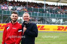 (L to R): Will Stevens (GBR) Manor Marussia F1 Team with Johnny Herbert (GBR) Sky Sports F1 Presenter. 02.07.2015. Formula 1 World Championship, Rd 9, British Grand Prix, Silverstone, England, Preparation Day.