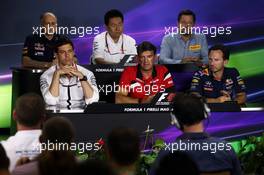 The FIA Press Conference (From back row (L to R)): Franz Tost (AUT) Scuderia Toro Rosso Team Principal; Yasuhisa Arai (JPN) Honda Motorsport Chief Officer; Paul Hembery (GBR) Pirelli Motorsport Director; Toto Wolff (GER) Mercedes AMG F1 Shareholder and Executive Director; Graeme Lowdon (GBR) Manor Marussia F1 Team Chief Executive Officer; Christian Horner (GBR) Red Bull Racing Team Principal. 24.07.2015. Formula 1 World Championship, Rd 10, Hungarian Grand Prix, Budapest, Hungary, Practice Day.