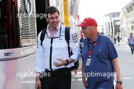 (L to R): Toto Wolff (GER) Mercedes AMG F1 Shareholder and Executive Director with Niki Lauda (AUT) Mercedes Non-Executive Chairman. 24.07.2015. Formula 1 World Championship, Rd 10, Hungarian Grand Prix, Budapest, Hungary, Practice Day.