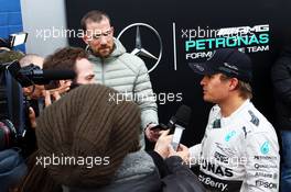 Nico Rosberg (GER) Mercedes AMG F1 with the media. 03.02.2015. Formula One Testing, Day Three, Jerez, Spain.