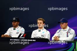 The post qualifying FIA Press Conference (L to R): Lewis Hamilton (GBR) Mercedes AMG F1, second; Nico Rosberg (GER) Mercedes AMG F1, pole position; Valtteri Bottas (FIN) Williams, third. 26.09.2015. Formula 1 World Championship, Rd 14, Japanese Grand Prix, Suzuka, Japan, Qualifying Day.