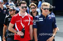 (L to R): Alexander Rossi (USA) Manor Marussia F1 Team and Marcus Ericsson (SWE) Sauber F1 Team on the drivers parade. 27.09.2015. Formula 1 World Championship, Rd 14, Japanese Grand Prix, Suzuka, Japan, Race Day.
