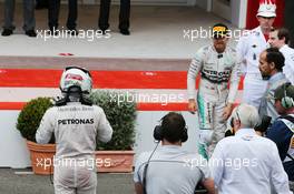 The podium (L to R): third placed Lewis Hamilton (GBR) Mercedes AMG F1 and race winner Nico Rosberg (GER) Mercedes AMG F1. 24.05.2015. Formula 1 World Championship, Rd 6, Monaco Grand Prix, Monte Carlo, Monaco, Race Day.